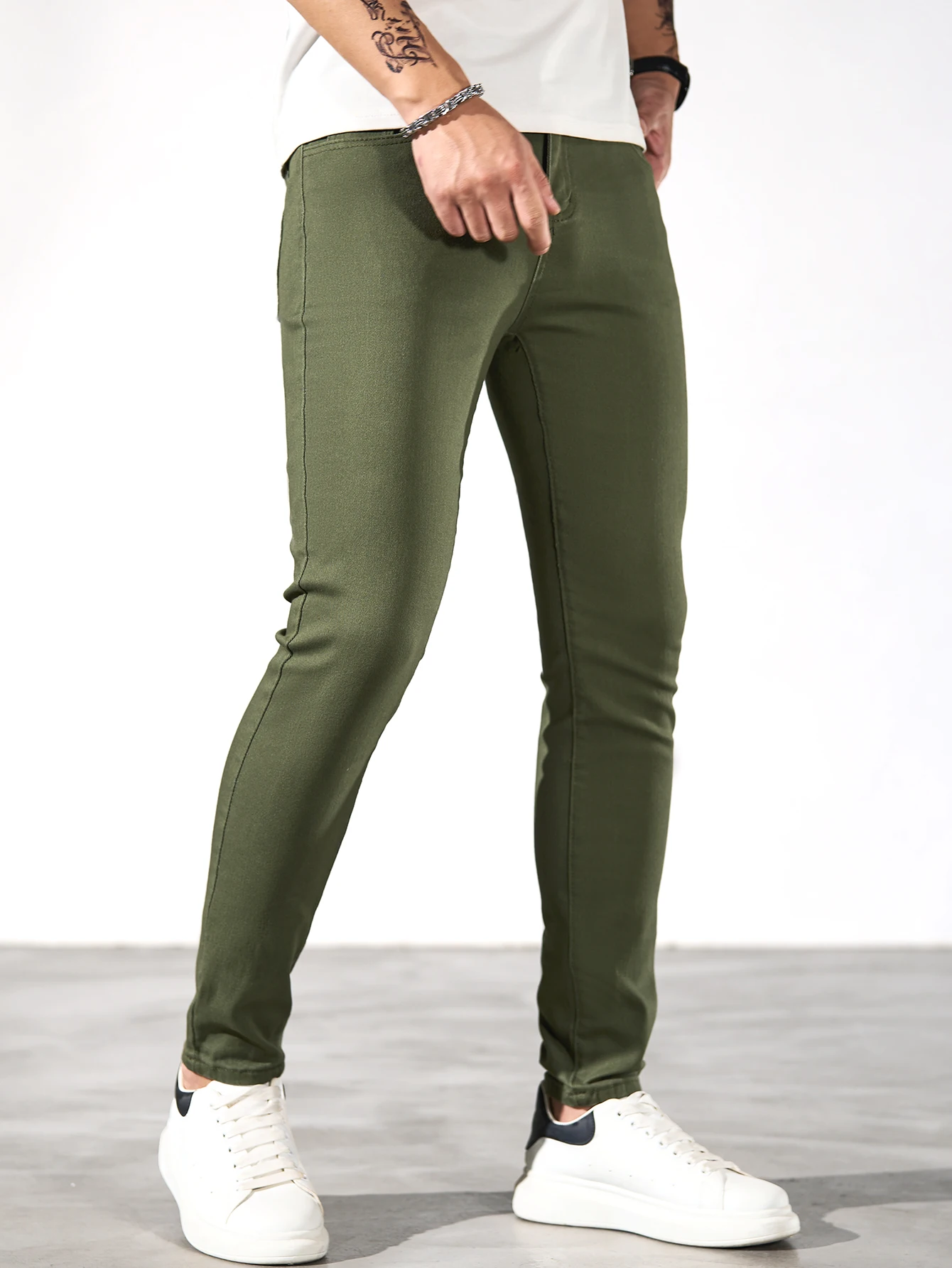 Fashionable men's skinny jeans. Army green straight skinny trousers. Casual street men's jeans. - Image 5