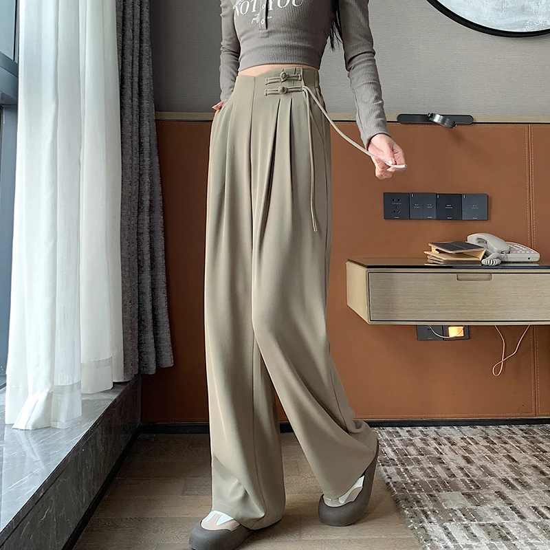 High Waist Buttons Suit Wide Leg Women's Full Pants 2024 New Spring Summer Female Elegant Minimalism Straight Loose Trousers - Image 4