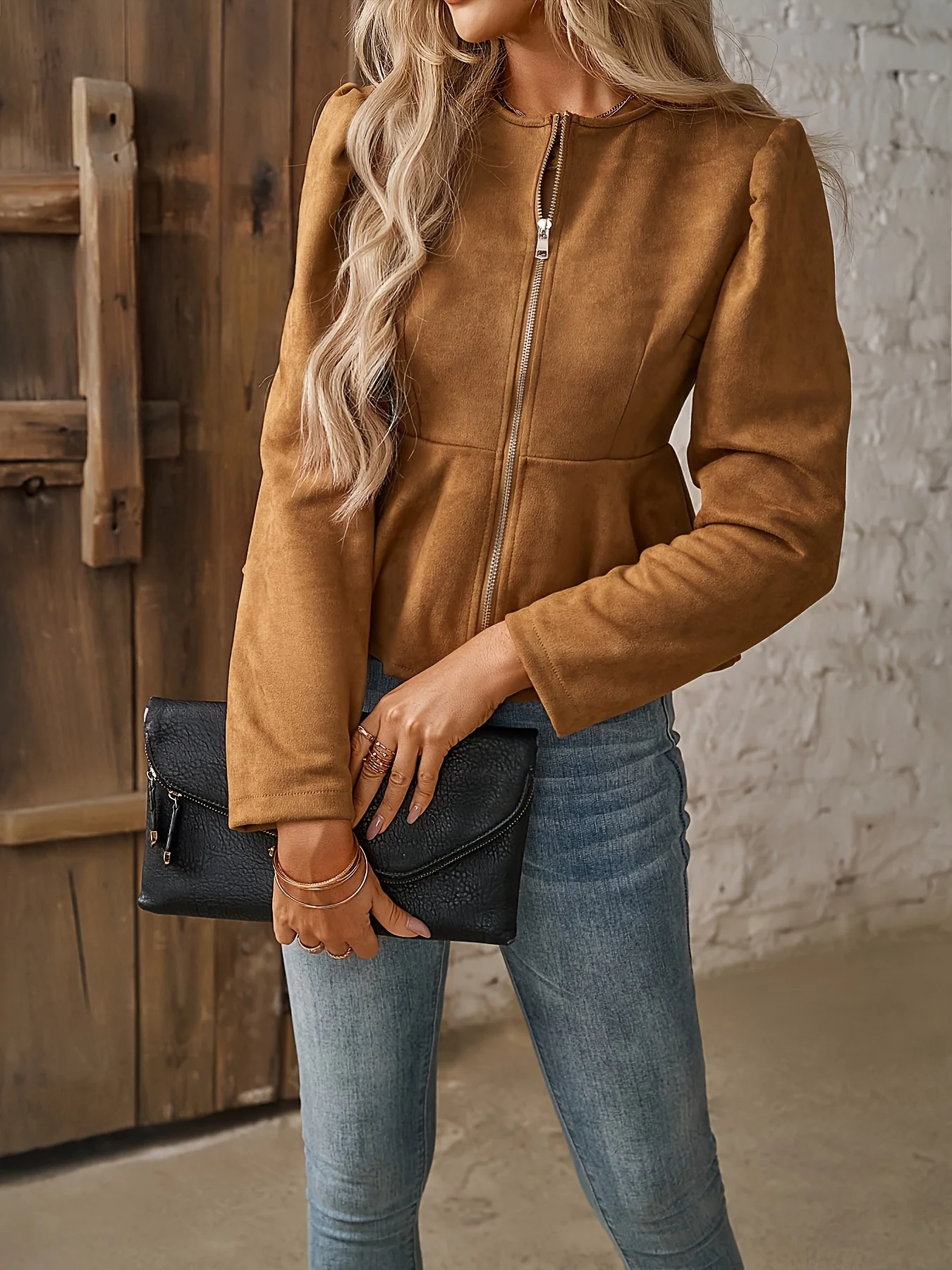 Ladies fashionable round neck slim fit top with folded long sleeves access control zipper cardigan short jacket - Image 3