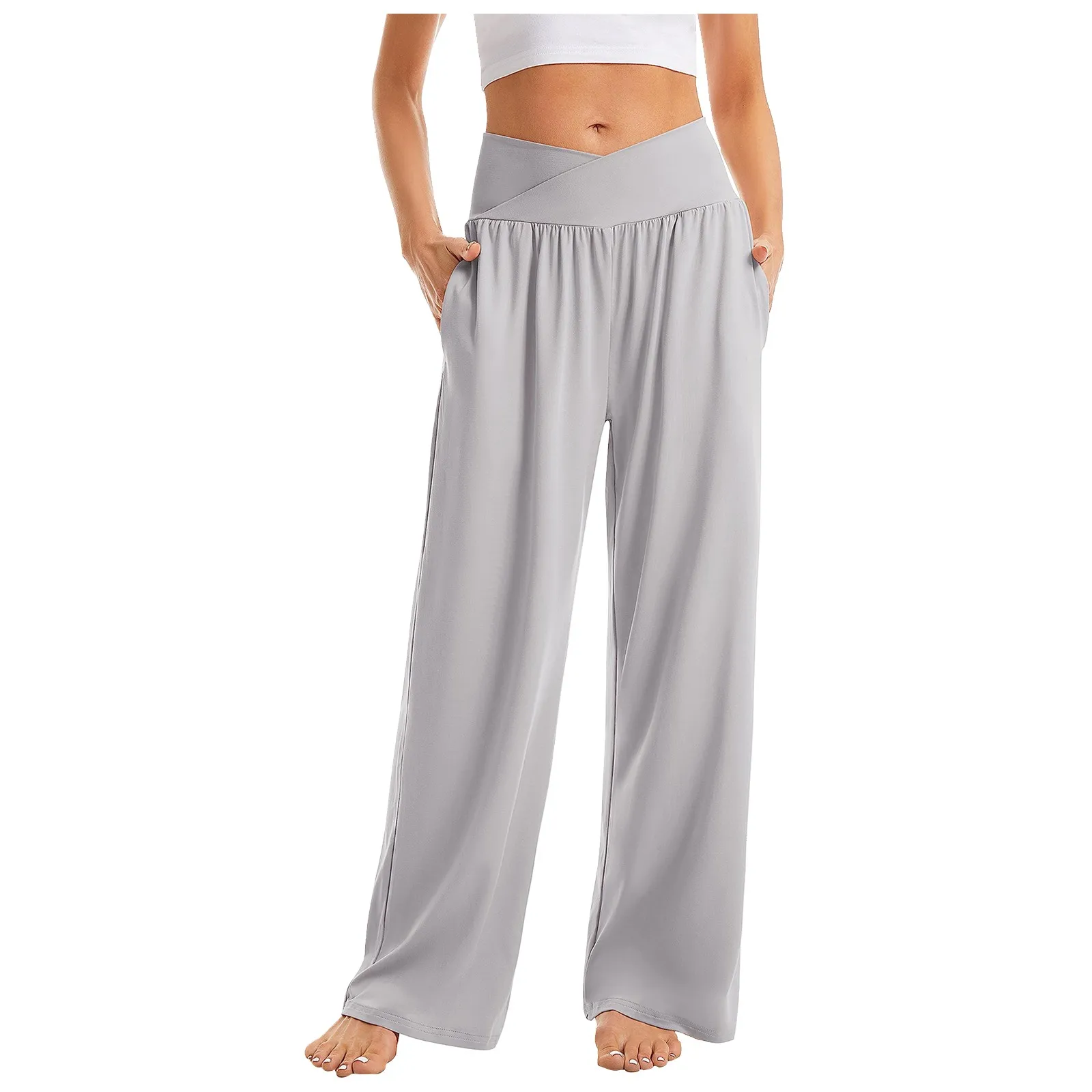 Women's High Waist Solid Color Casual Trousers Wide Leg Sports Pants With Pockets - Image 5