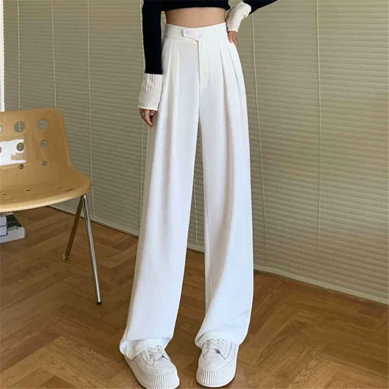 New 2024 White High Waist Suit Wide Leg Women's Full Pants White Spring Summer Female Elegant Minimalism Straight Loose Trousers - Image 2
