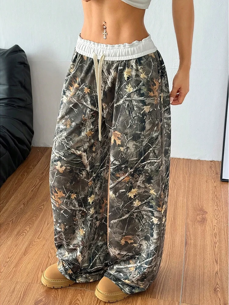 Oversized Hip Hop Baggy Pants Fashion Women Drawstring Pocket Branch Camouflage Wide Leg Pant Casual Sweatpant Cargo Trousers