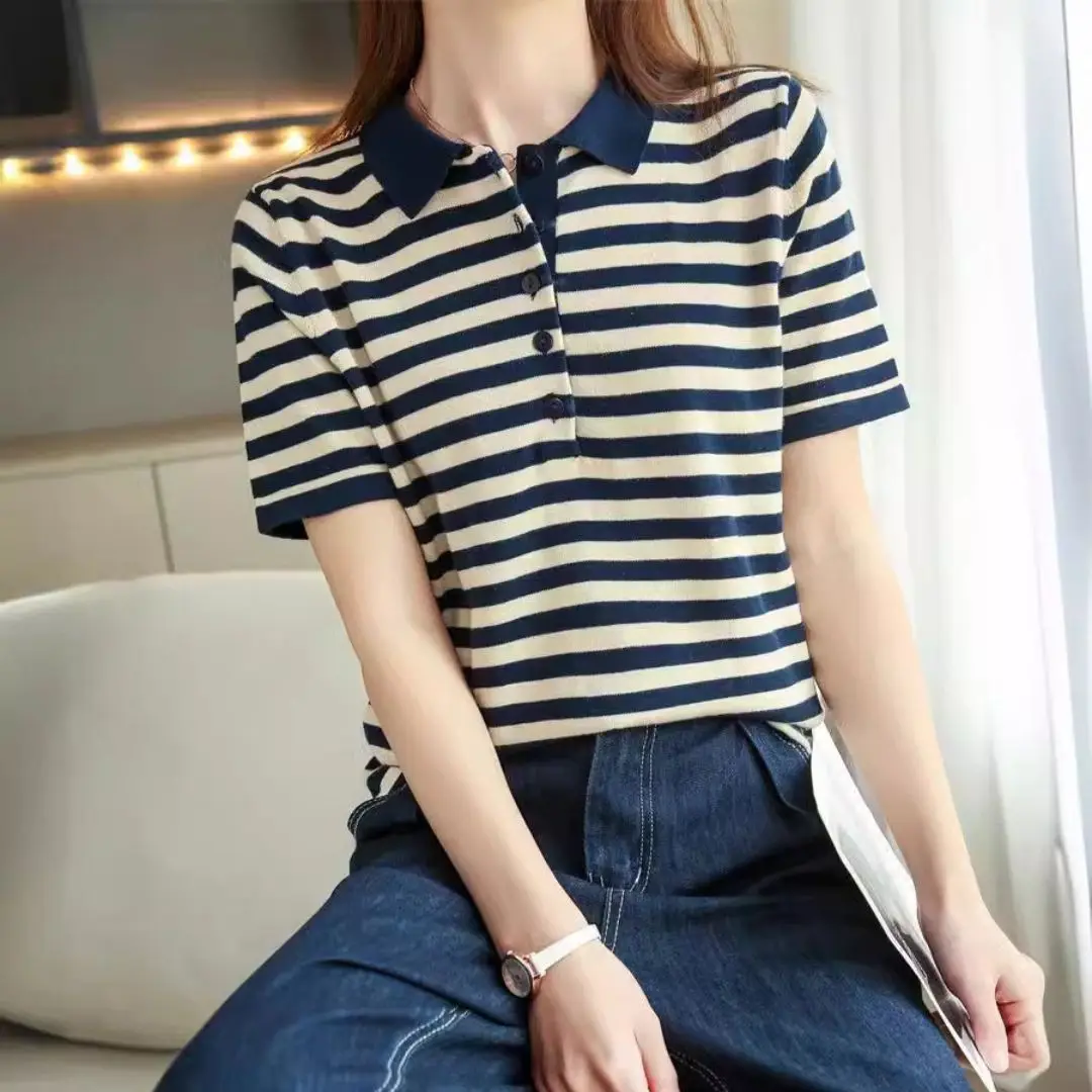 WinvyNee Summer Women 100% Cotton Striped Polo T Shirt Women Clother Tops Short Sleeve Sweater Casual Basic Pullover A1002004 - Image 5