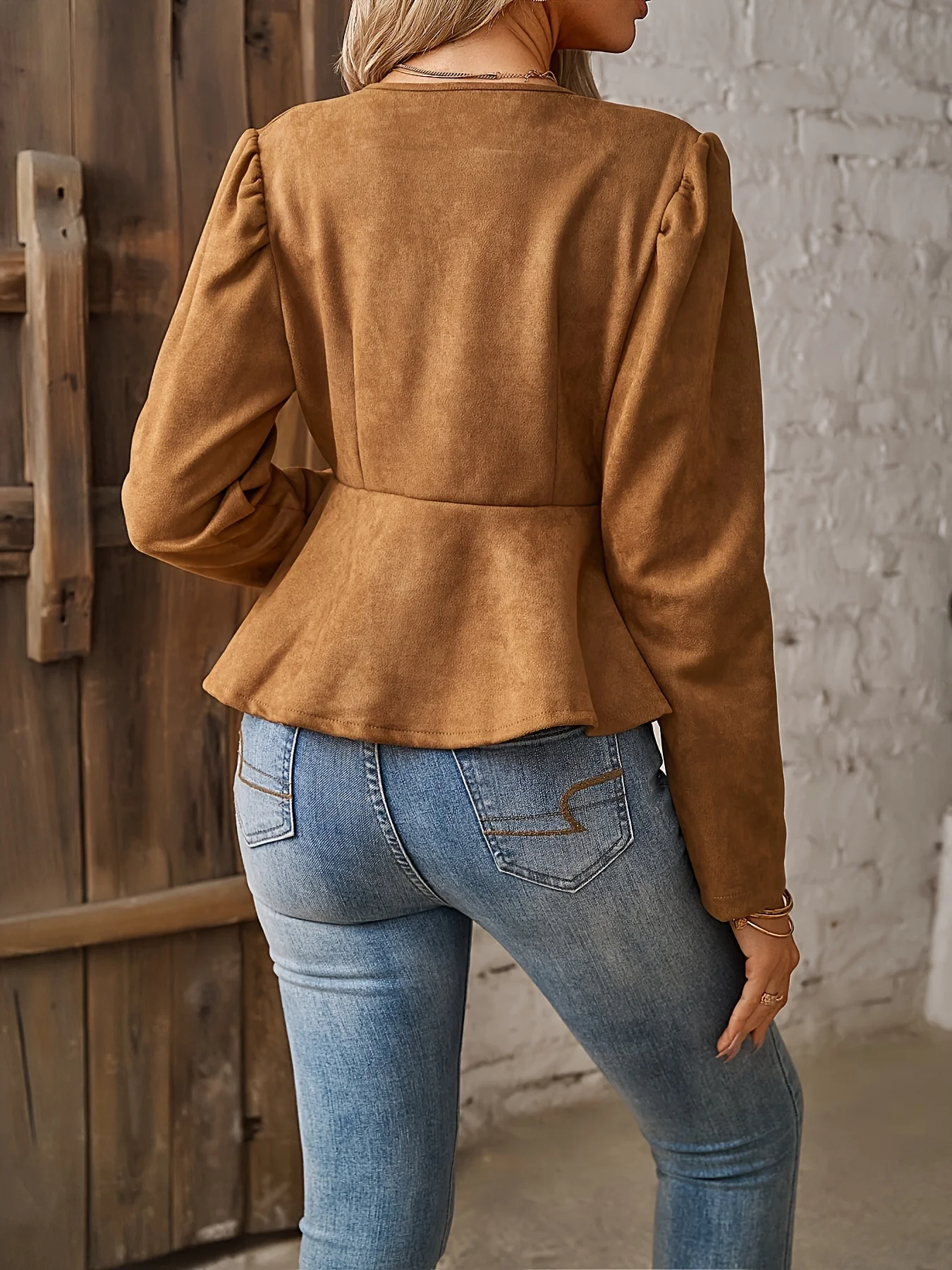 Ladies fashionable round neck slim fit top with folded long sleeves access control zipper cardigan short jacket - Image 2