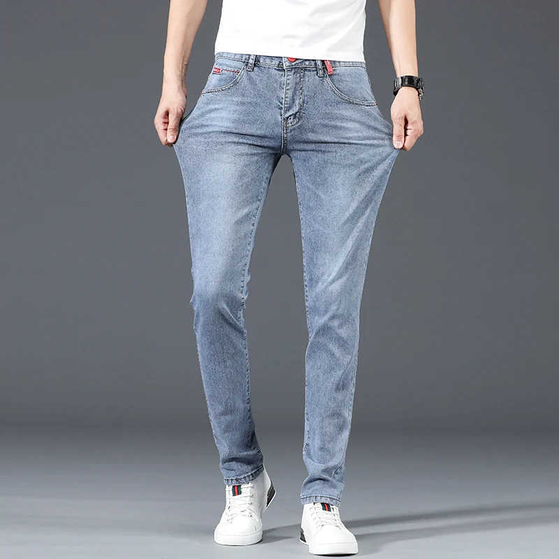 2024 Korean Slim Fit Stretch Jeans Fashion Brand Skinny Jeans Men Casual Classic Cotton Youth Pencil Denim Trousers Light Blue - Image 4