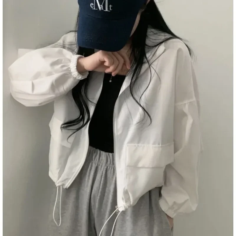 Spring/summer Thin Sun Protection Windproof Retro Versatile Workwear Drawstring Cropped Baseball Jacket Top Coat Trendy - Image 2