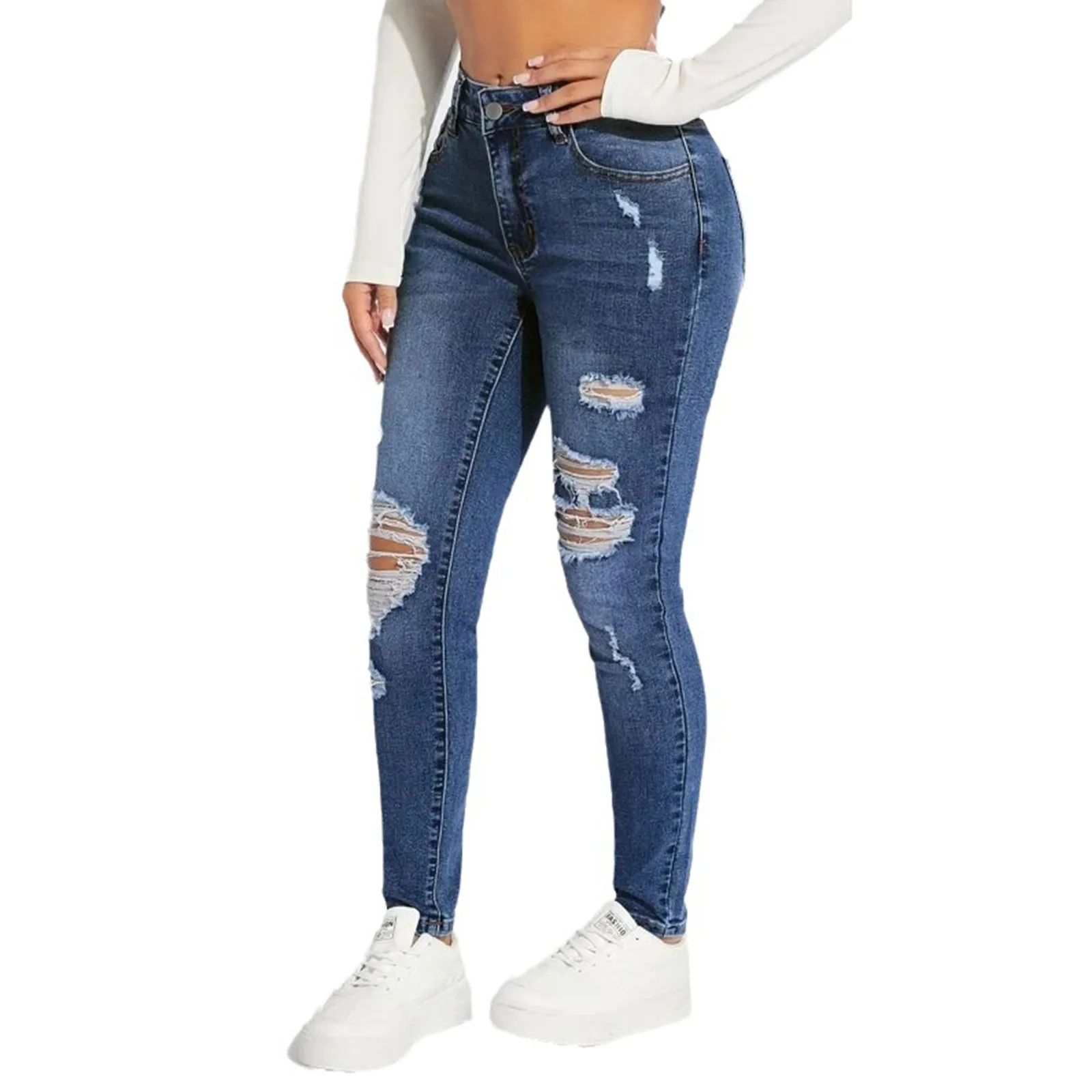 Women'S Skinny Trend Ripped Casual Fashion Small Foot Jeans Elastic Waist Drawstring Jeans Fashion Skinny Slim Ankle-Length Pant - Image 3