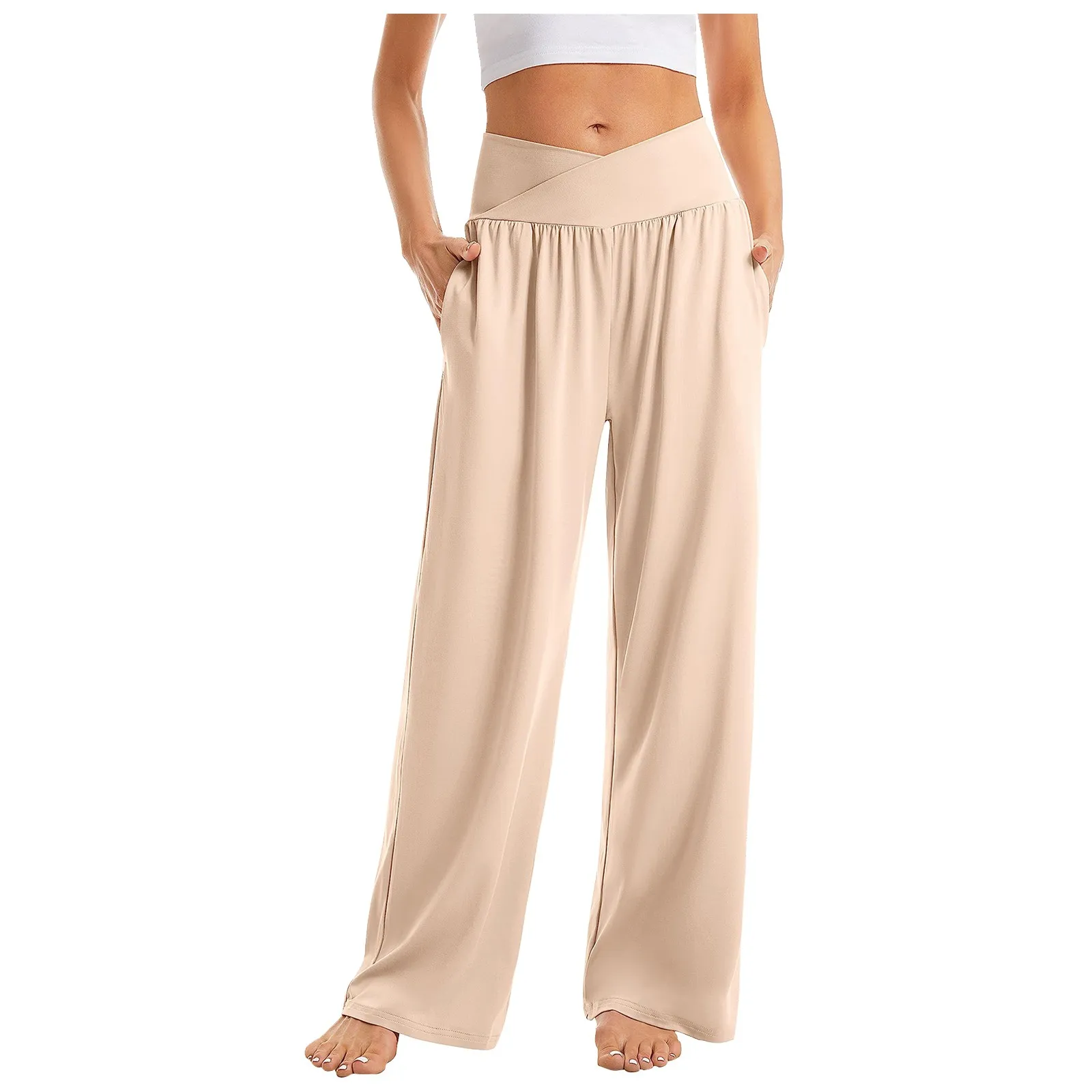 Women's High Waist Solid Color Casual Trousers Wide Leg Sports Pants With Pockets - Image 4