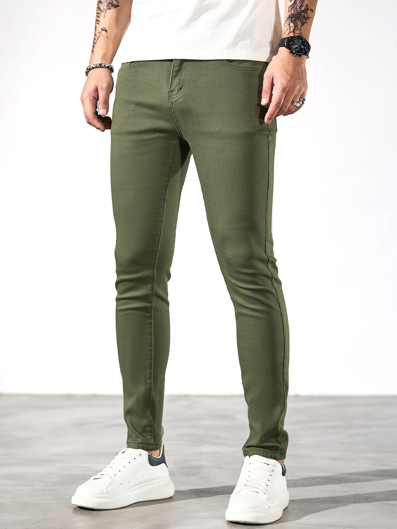 Fashionable men's skinny jeans. Army green straight skinny trousers. Casual street men's jeans. - Image 6