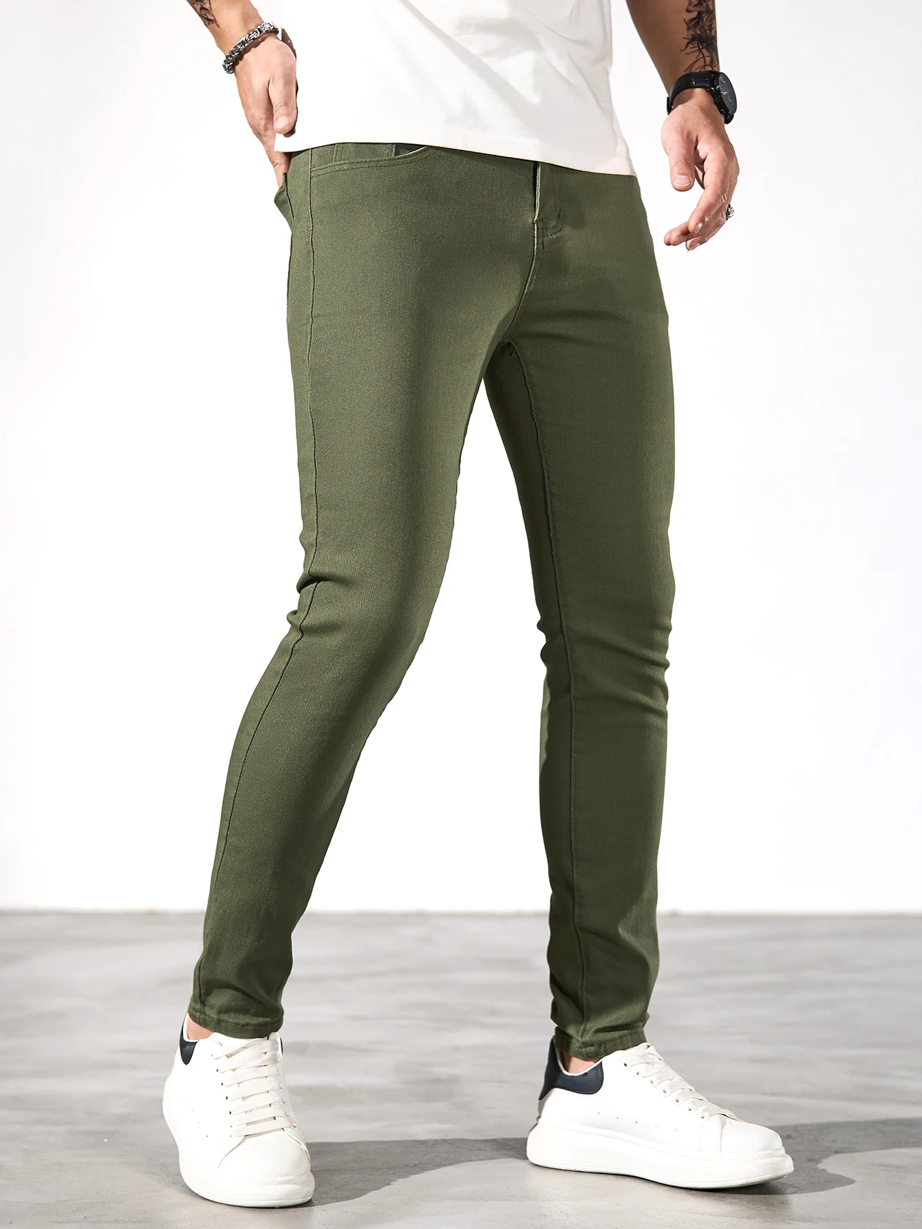 Fashionable men's skinny jeans. Army green straight skinny trousers. Casual street men's jeans. - Image 4