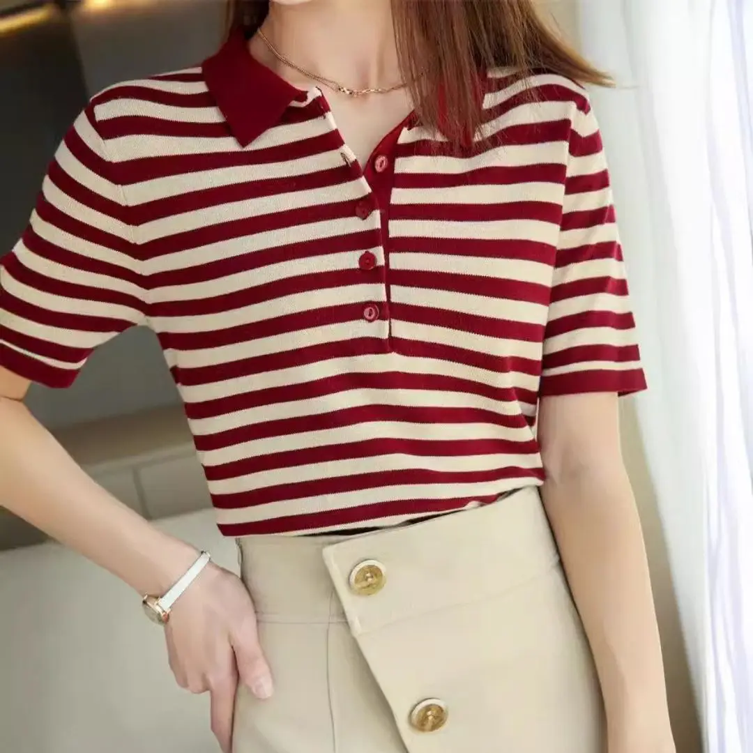 WinvyNee Summer Women 100% Cotton Striped Polo T Shirt Women Clother Tops Short Sleeve Sweater Casual Basic Pullover A1002004 - Image 2