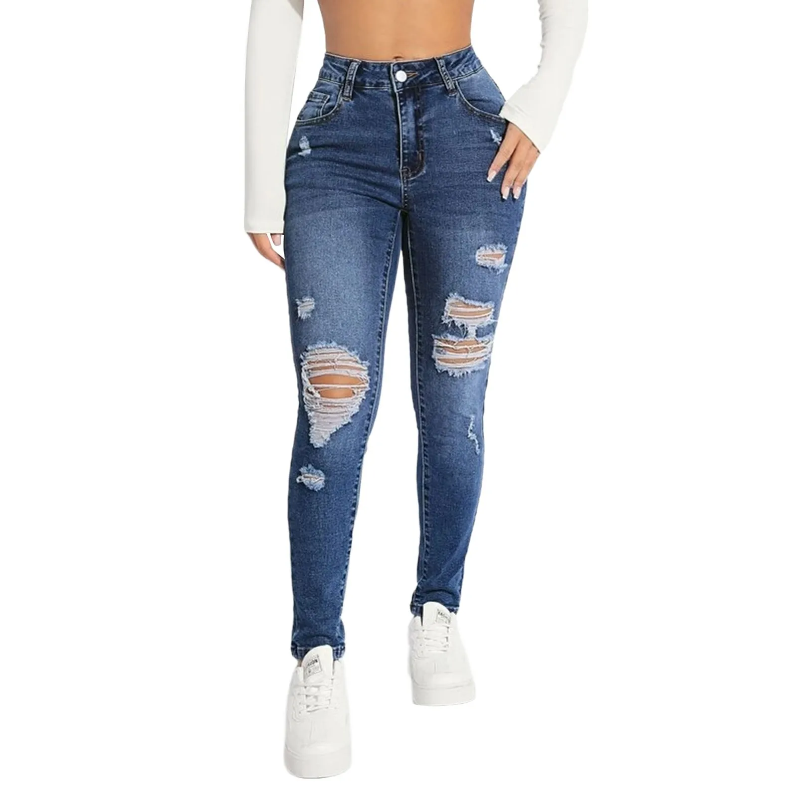 Women'S Skinny Trend Ripped Casual Fashion Small Foot Jeans Elastic Waist Drawstring Jeans Fashion Skinny Slim Ankle-Length Pant - Image 2