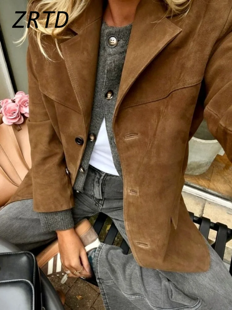Vintage Women's Suede Suit Jackets Loose Lapel Single Breasted Full Sleeve Female Coats 2025 Spring Lady Street Commute Outwear - Image 2