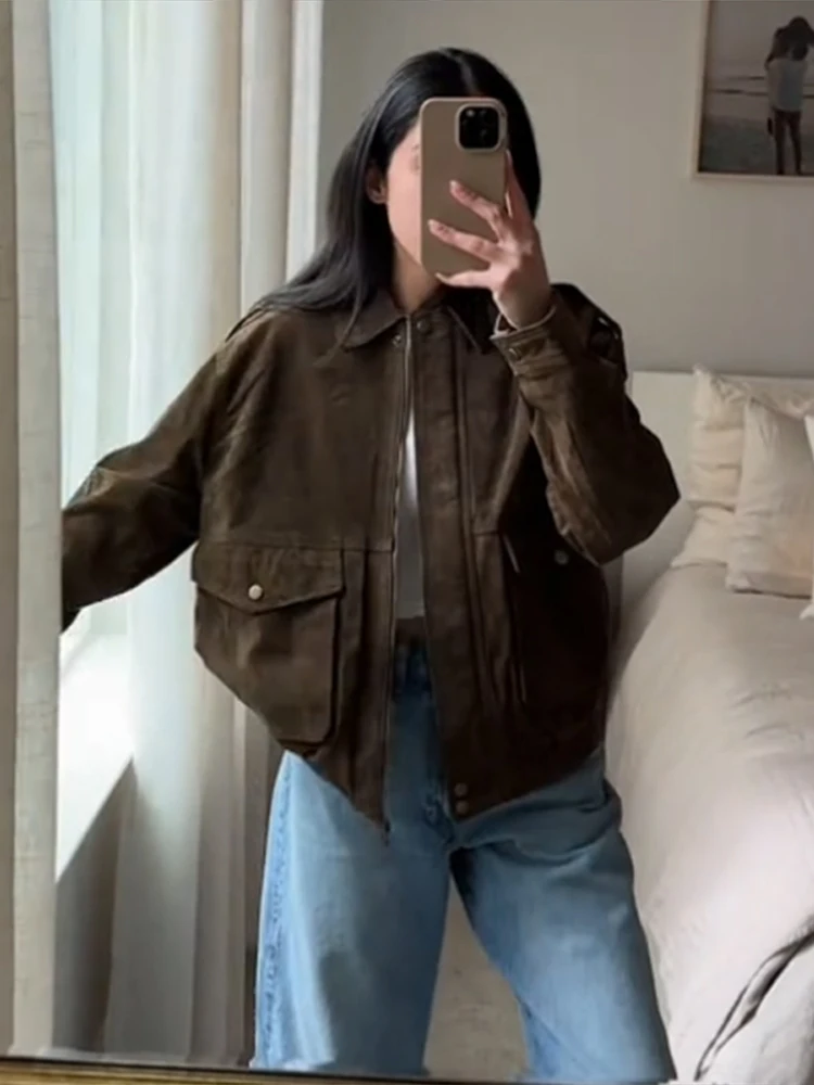 Vintage Suede Lapel Short Jacket Women Casual Street Solid Single Breasted Jackets Female 2025 Spring Versatile Chic Outwear - Image 5