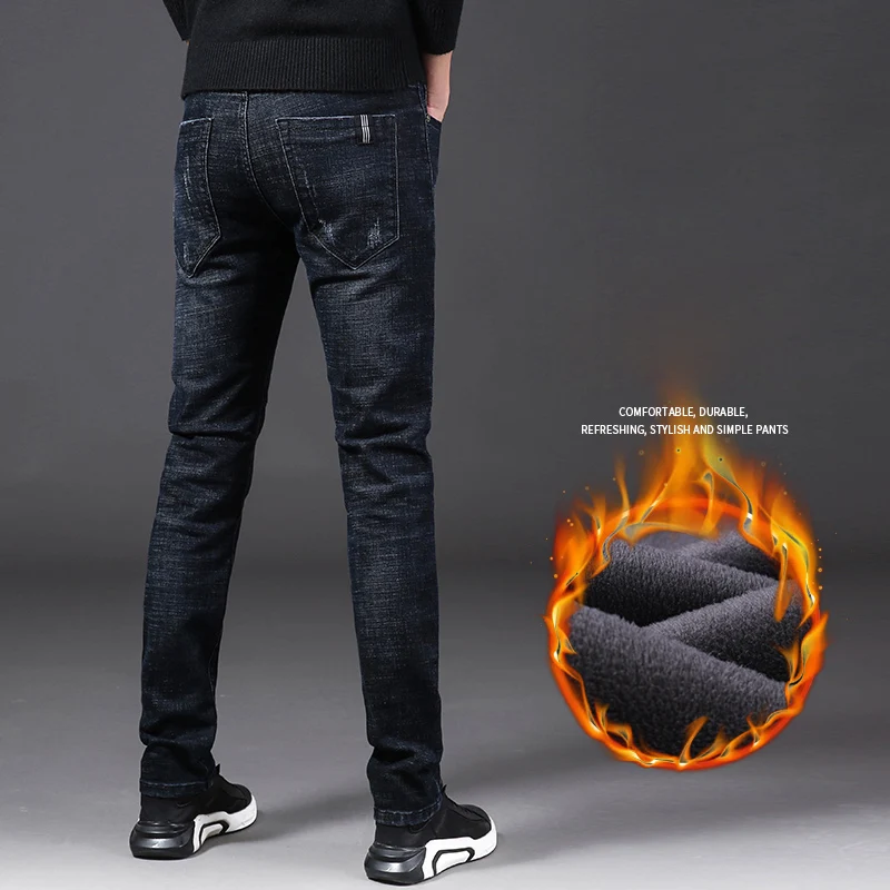 Men Winter Thermal Jeans Snow Warm Stretch Straight Jeans Man Fleece Denim Long Pants Cool Narrow Leg Slim Fit Blue Trousers - Image 3