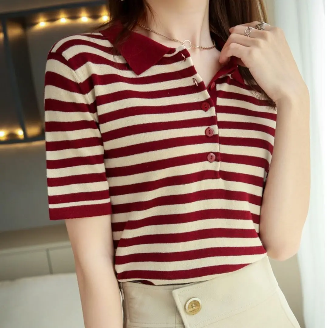 WinvyNee Summer Women 100% Cotton Striped Polo T Shirt Women Clother Tops Short Sleeve Sweater Casual Basic Pullover A1002004 - Image 3