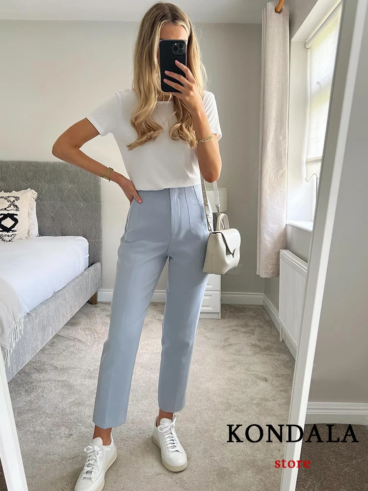 TRAFZA Women Light Blue Chic Fashion Office Wear Straight Pants Vintage High Waist Zipper Fly Female Trousers Fashion 2025 Pants - Image 2