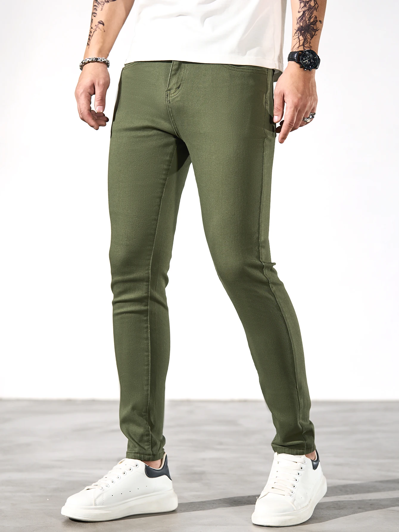 Fashionable men's skinny jeans. Army green straight skinny trousers. Casual street men's jeans. - Image 3