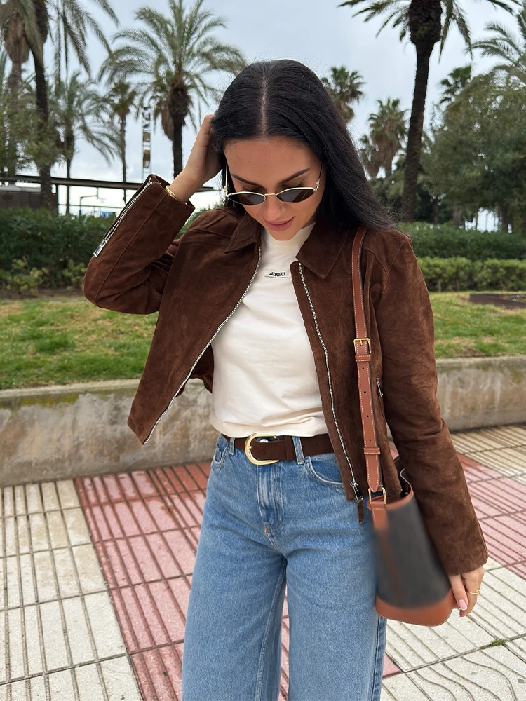2025 Spring Suede Women's Jacket Turn-down Collar Long Sleeve Zipper Female Coats Street Fashion Retro Brown Lady Crop Outwear - Image 3