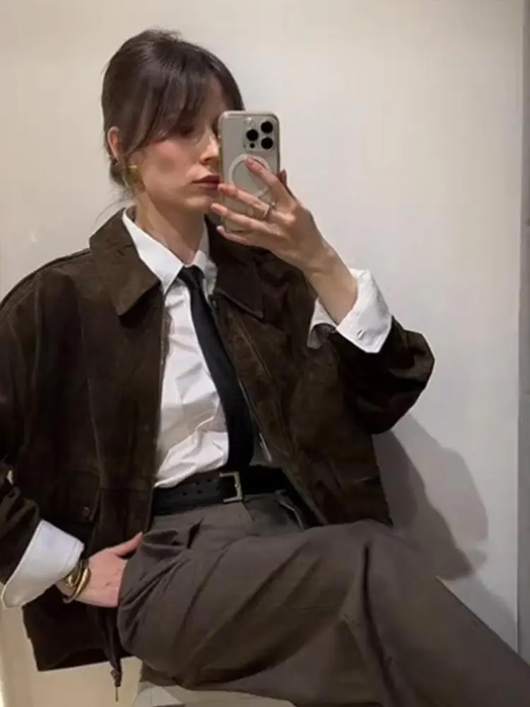 Vintage Suede Lapel Short Jacket Women Casual Street Solid Single Breasted Jackets Female 2025 Spring Versatile Chic Outwear - Image 3