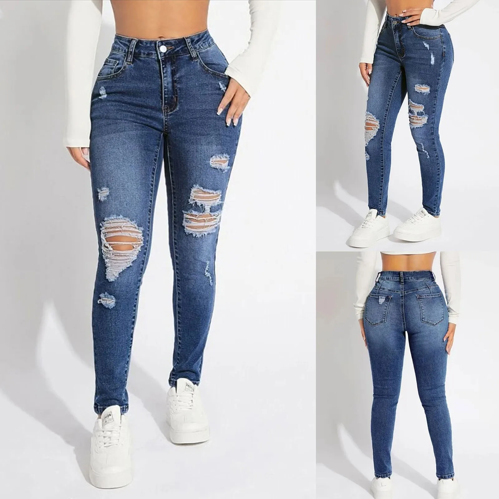 Women'S Skinny Trend Ripped Casual Fashion Small Foot Jeans Elastic Waist Drawstring Jeans Fashion Skinny Slim Ankle-Length Pant - Image 5