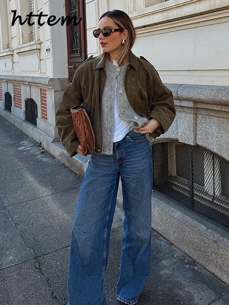 Street Women's Suede Bomber Jacket Fashion Lapel Zipper Full Sleeve Female Coats 2025 Spring Lady Casual Commute Vintage Outwear - Image 5