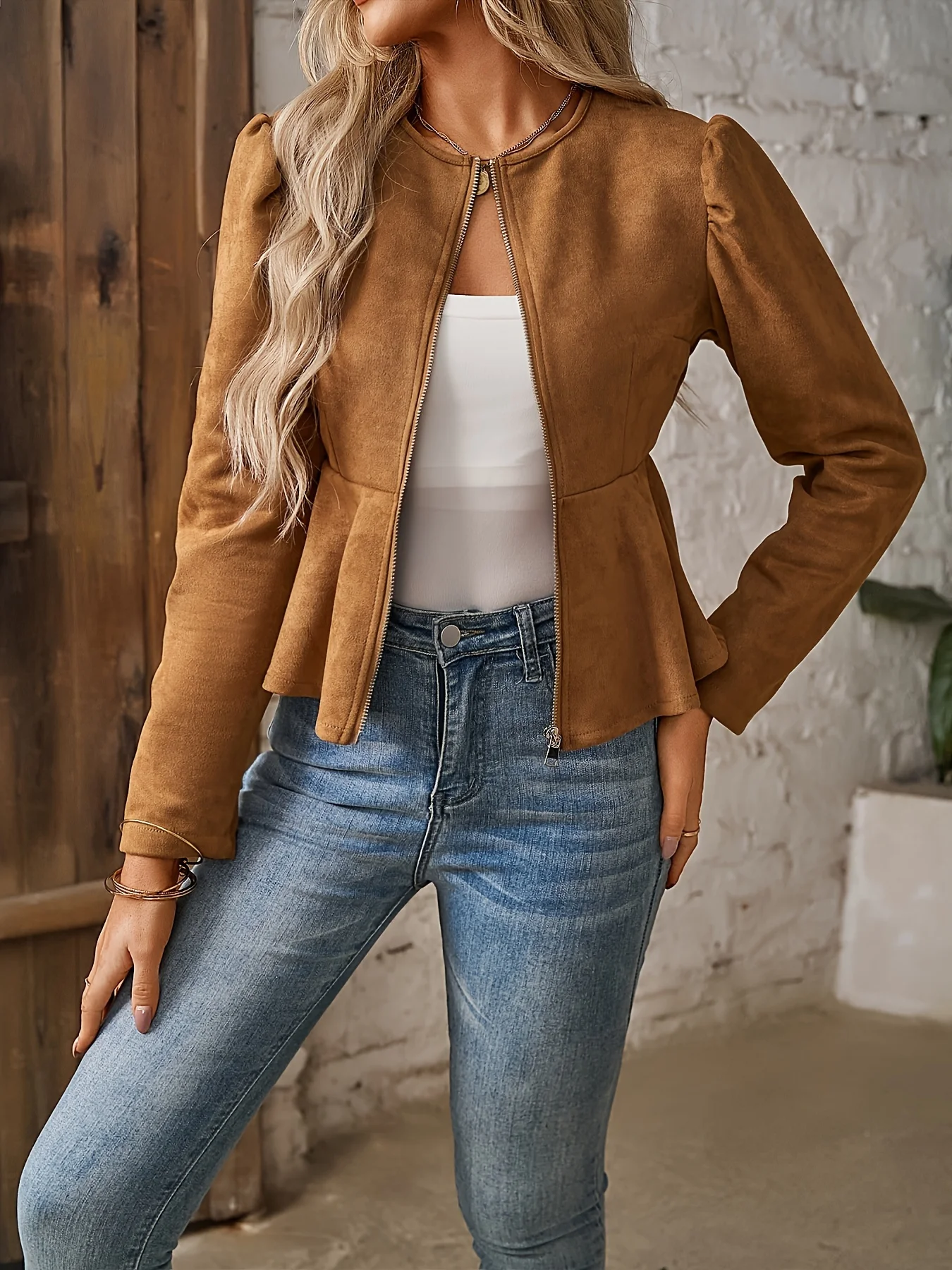 Ladies fashionable round neck slim fit top with folded long sleeves access control zipper cardigan short jacket - Image 4