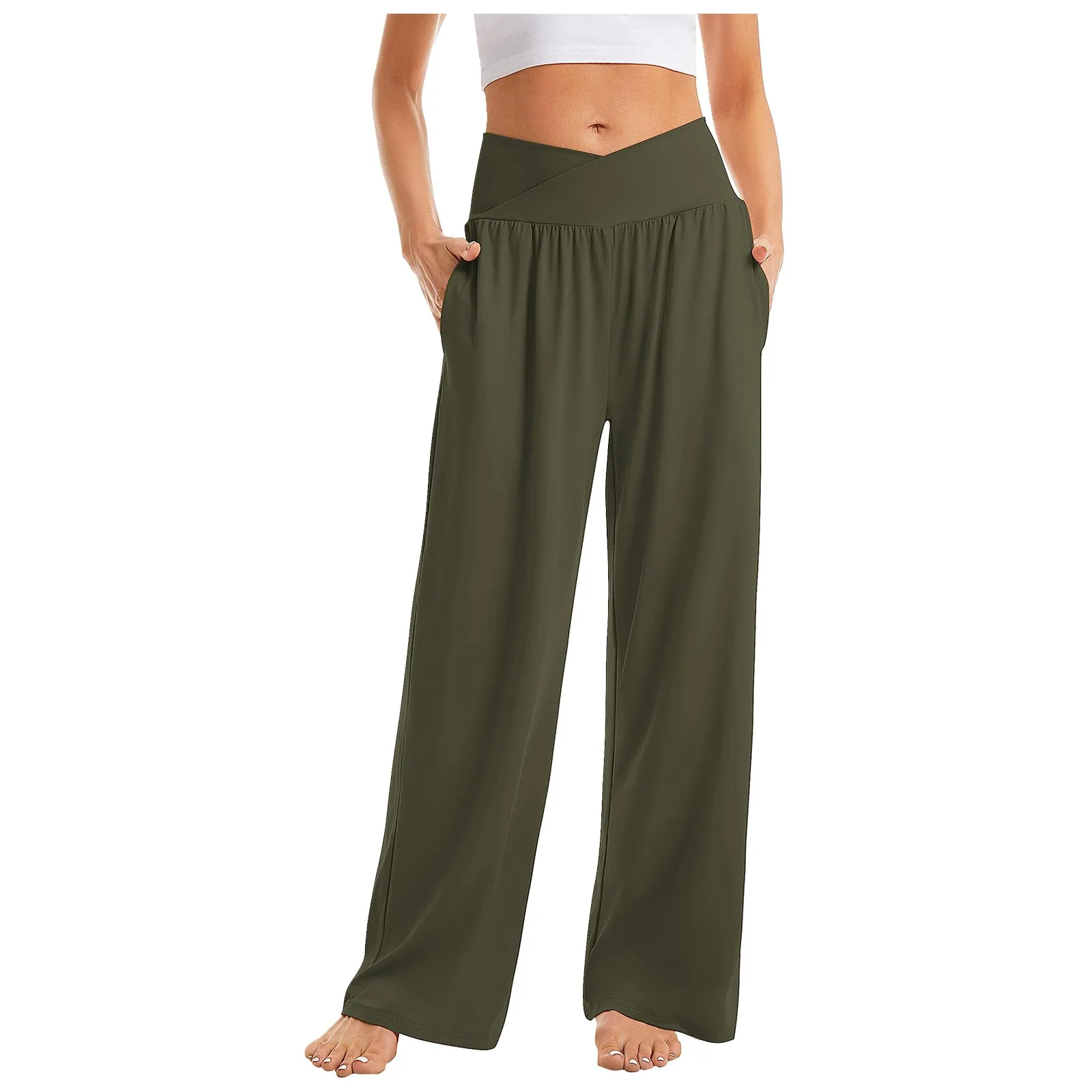 Women's High Waist Solid Color Casual Trousers Wide Leg Sports Pants With Pockets - Image 3