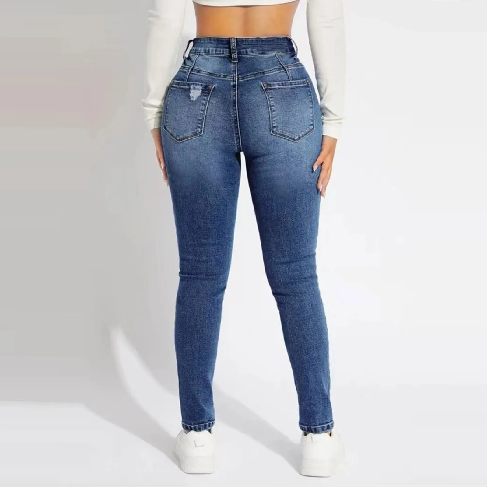 Women'S Skinny Trend Ripped Casual Fashion Small Foot Jeans Elastic Waist Drawstring Jeans Fashion Skinny Slim Ankle-Length Pant - Image 4