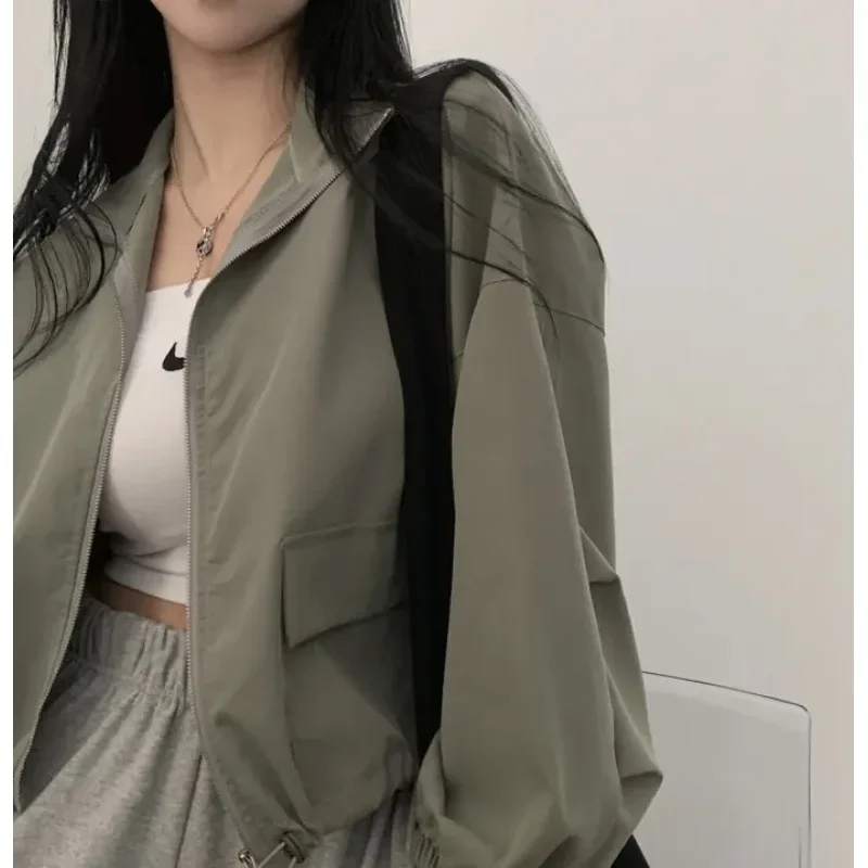 Spring/summer Thin Sun Protection Windproof Retro Versatile Workwear Drawstring Cropped Baseball Jacket Top Coat Trendy - Image 3