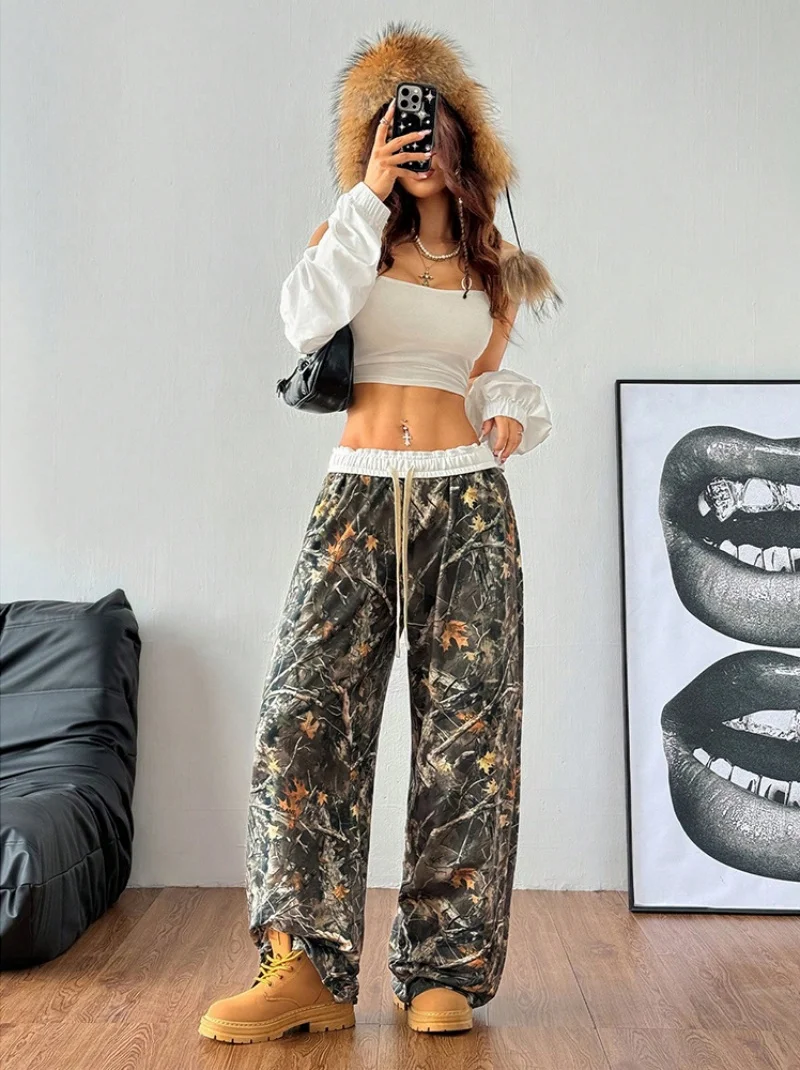 Oversized Hip Hop Baggy Pants Fashion Women Drawstring Pocket Branch Camouflage Wide Leg Pant Casual Sweatpant Cargo Trousers - Image 4
