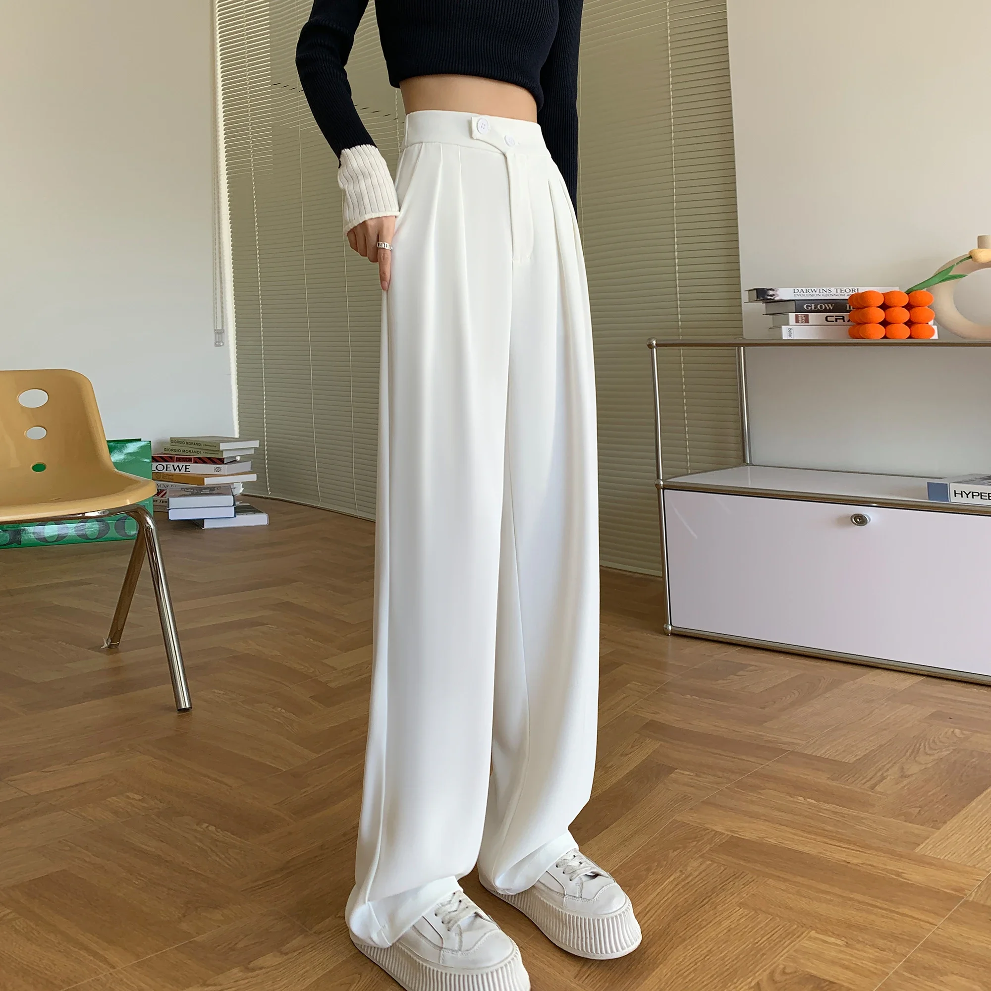 New 2024 White High Waist Suit Wide Leg Women's Full Pants White Spring Summer Female Elegant Minimalism Straight Loose Trousers - Image 3