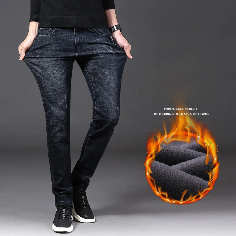 Men Winter Thermal Jeans Snow Warm Stretch Straight Jeans Man Fleece Denim Long Pants Cool Narrow Leg Slim Fit Blue Trousers - Image 2