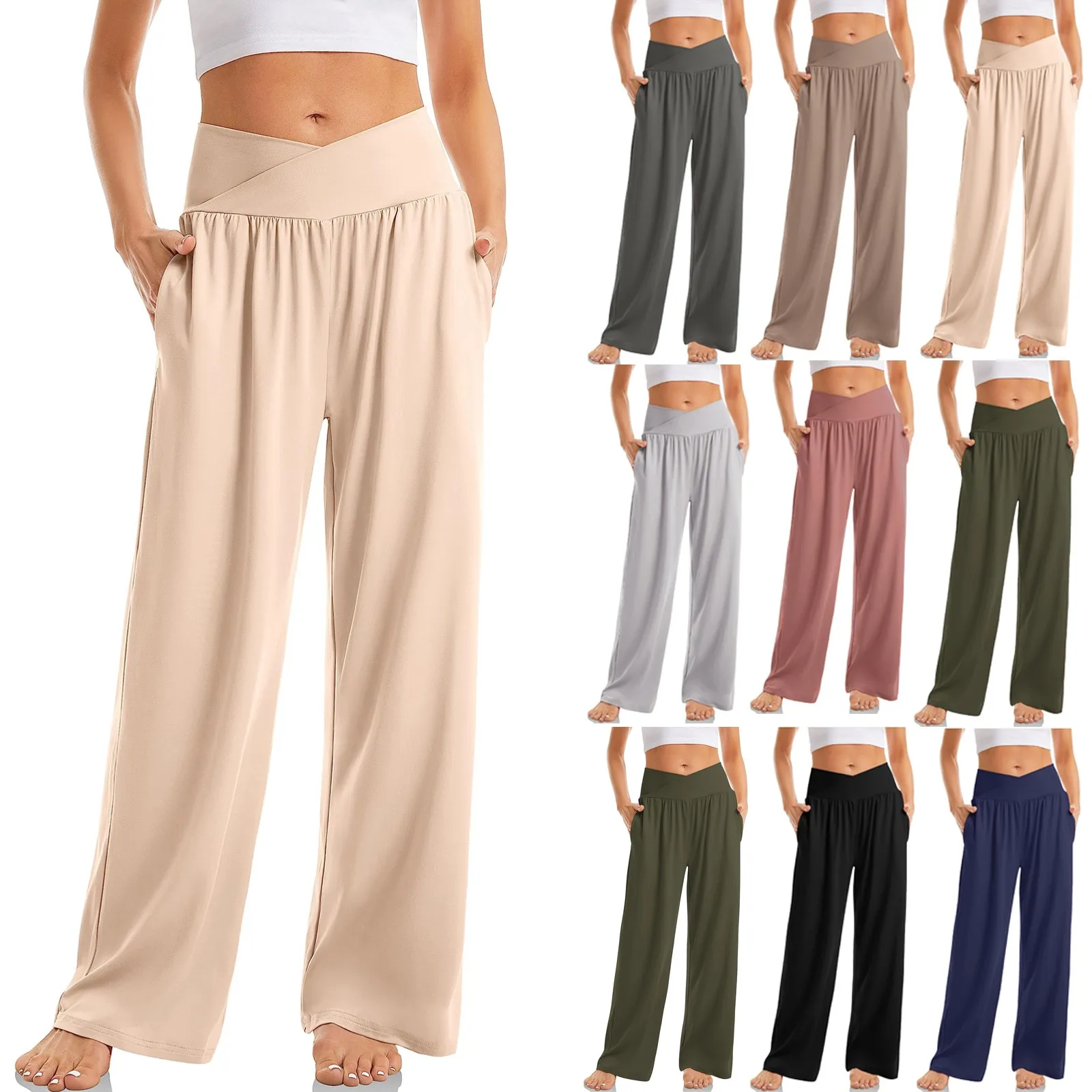 Women's High Waist Solid Color Casual Trousers Wide Leg Sports Pants With Pockets - Image 2