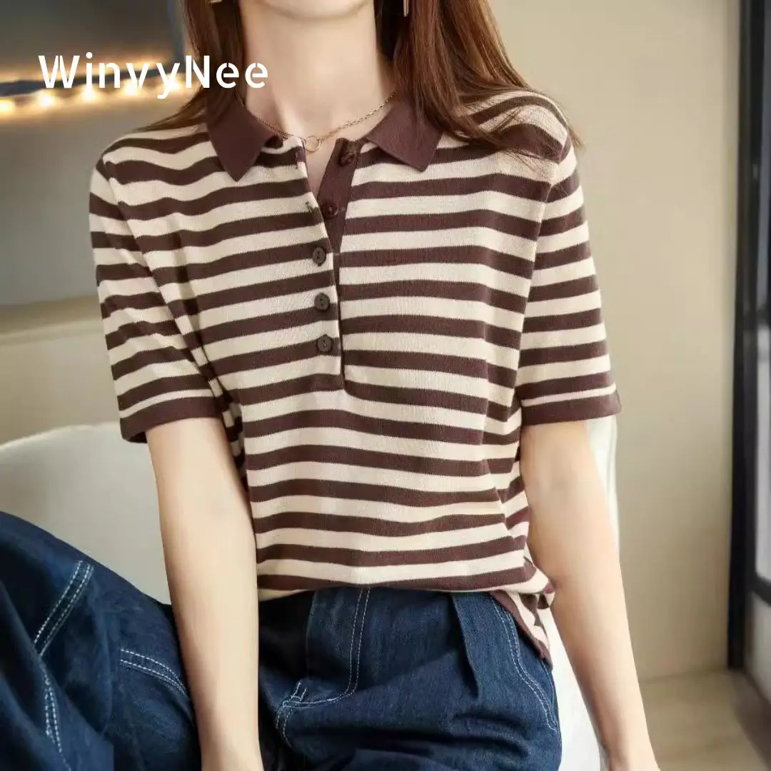 WinvyNee Summer Women 100% Cotton Striped Polo T Shirt Women Clother Tops Short Sleeve Sweater Casual Basic Pullover A1002004